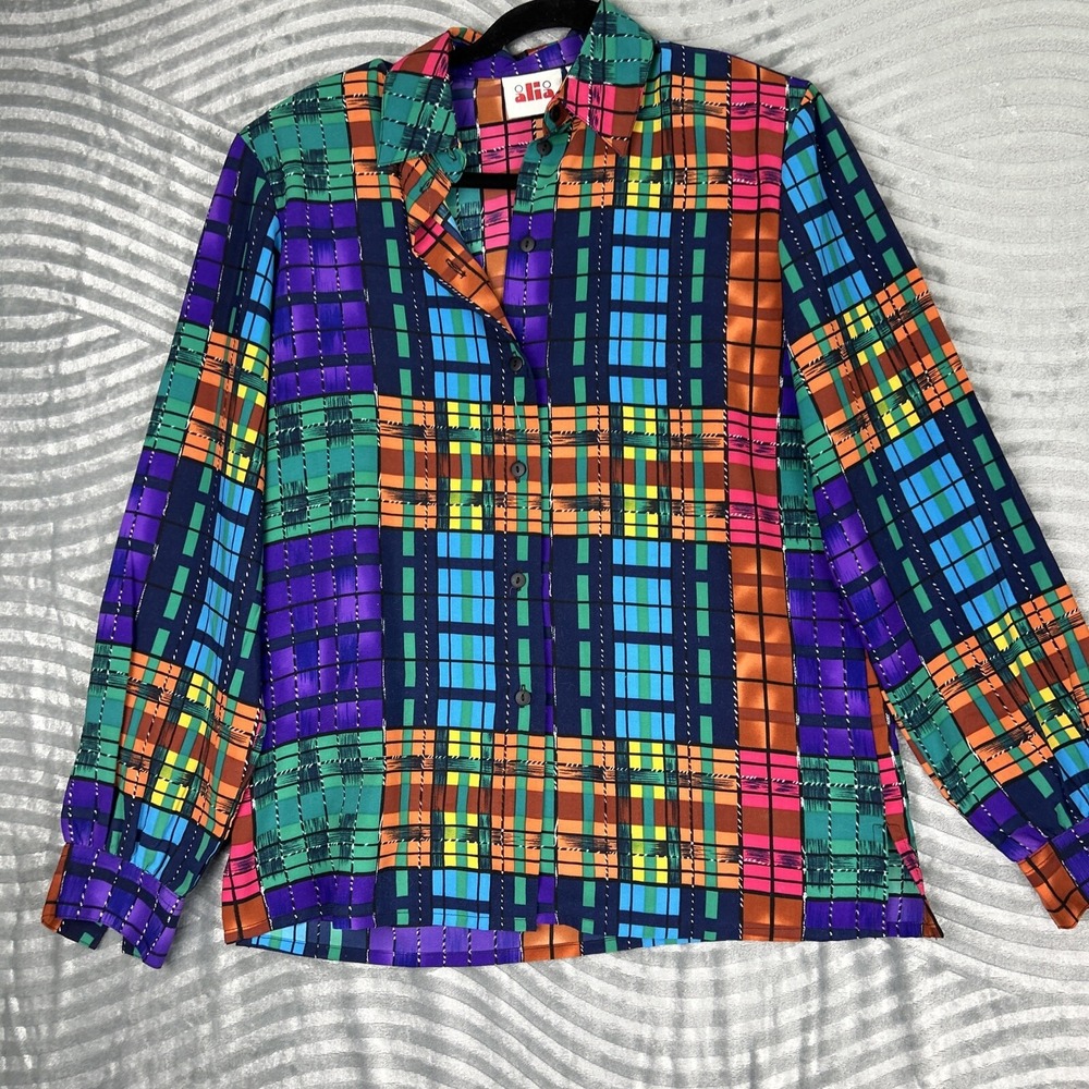 Alia Women Sz 8 Blouse Multicolor Rainbow Colorful Block Button Up Shoulder Pads